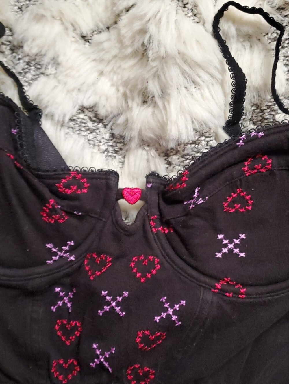 🔥Vintage La SENZA Black Bustier Bra with Lilac and Red Embroidery